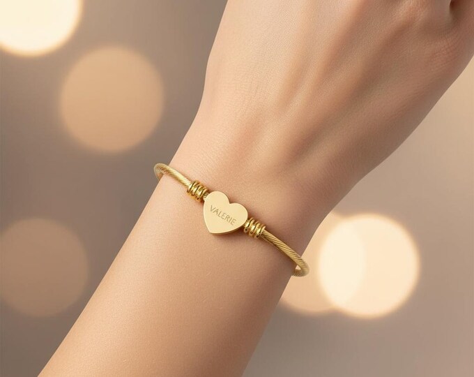Engraved Heart Cuff Bracelet, Personalized Stainless Steel Bangle