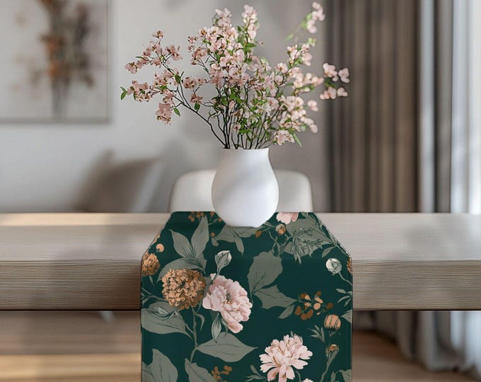 100% Cotton Twill Designer Cotton Table Runner in Evergreen at Dusk by Lisa Kanova from The Heritage Toile Collection