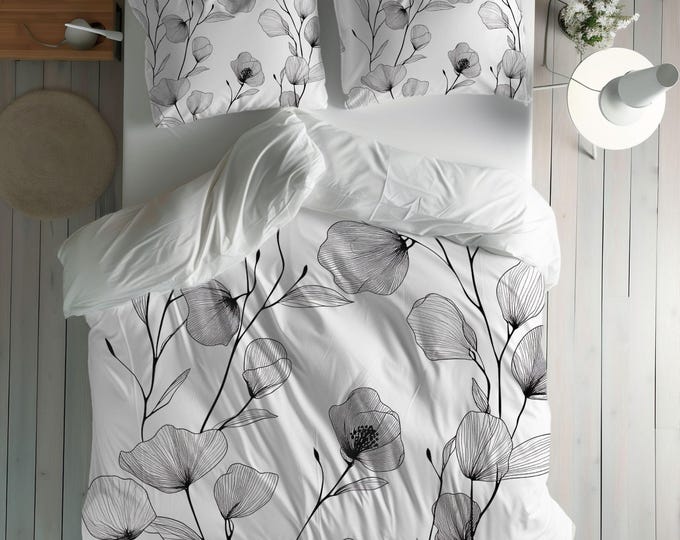 Monochrome Poppy Floral Cotton Duvet Cover | Black White Botanical Bedding