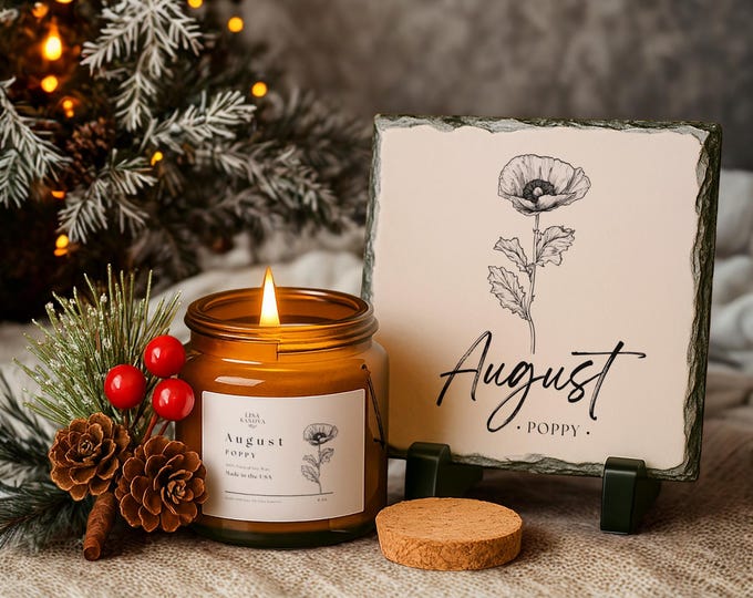 Birth Flower Gift Set • Candle & Slate Stone • August Poppy • Birthday • Holiday • Keepsake Home Decor