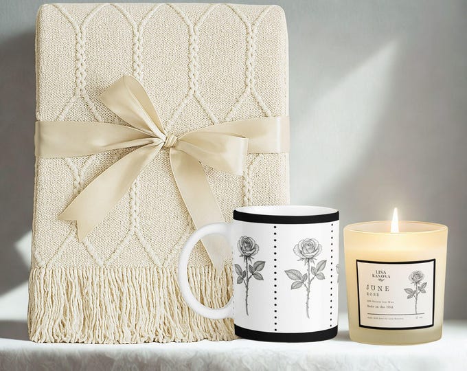 June Rose Gift Set • Tassel Blanket, Art Mug & Soy Candle