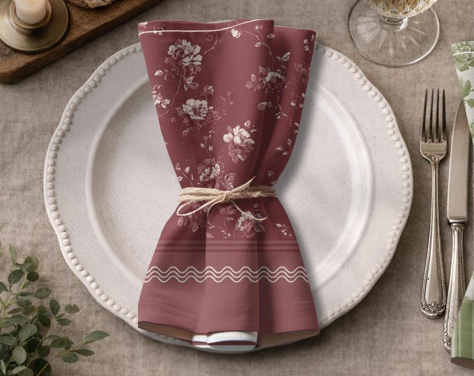 Designer Set of 4 - 100% Cotton Twill 22" x 22" Modern Heirloom Napkins in Merlot Garden