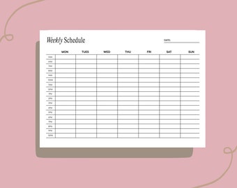 May include: A black and white weekly schedule planner with the days of the week listed across the top and times listed down the side. The planner is blank and ready to be filled in.