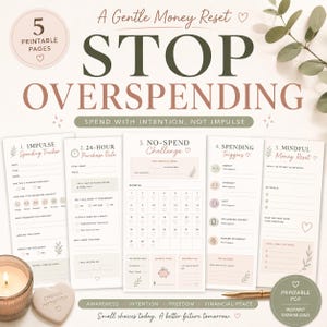 Op de afbeelding: Vijf afdrukbare pagina's met de tekst "Stop Overspending" en "Spend with intention, not impulse." De pagina's bevatten trackers voor impulsief uitgeven, een 24-uurs aankoopregel, een no-spend challenge, bestedings triggers en een bewuste geld reset.