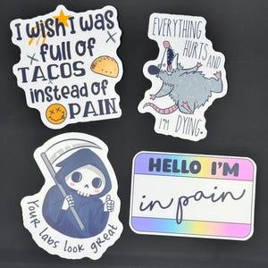 Humorstickers chronische pijn, bewustzijn chronische pijn, grappige gezondheidsstickers, flessticker, laptopsticker