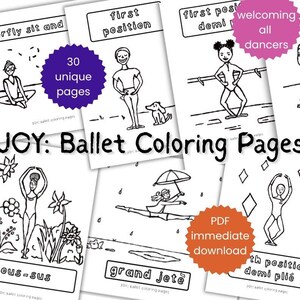 Może przedstawiać: Kolekcja czarno-białych kolorowanek baletowych zatytułowana JOY: Ballet Coloring Pages. Arkusze zawierają rysunki liniowe tancerzy w różnych pozach, w tym butterfly sit, first position i grand jeté, wraz z etykietami tekstowymi.
