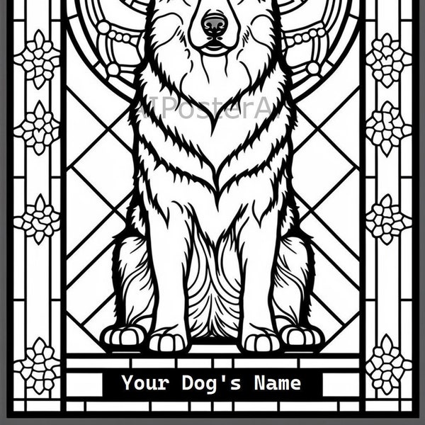 Customizable Coloring Page - Alsatian Stained Glass Window - Add Your Dog's Name - Alaskan Malamute Tribute - Tribute Coloring Download