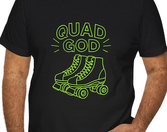 Quad God Roller Skate T-Shirt - Retro Quad Skates Tee Gift for Roller Skating Enthusiasts - Available in Black and Navy - Printed In USA