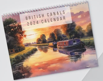 Narrowboat-kalender 2024 - ideaal cadeau voor eigenaren van narrowboats, 12 kanaalaquarellen als maandelijkse hangende wandkalender