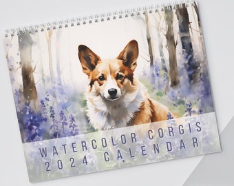 Watercolor Corgi Wall Calendar 2024 - Gift for Corgi owner, 12 beautiful watercolors of Corgis