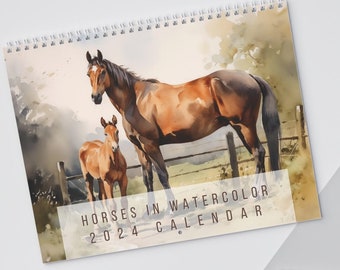 Horse Wall Calendar 2024 - ideal gift for horse-lovers, 12 watercolors of horses as a monthly hanging wall calendar