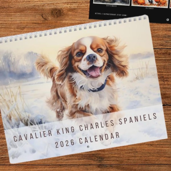 Calendario de pared Blenheim Cavalier King Charles Spaniel 2026: calendario canino con 12 acuarelas, regalo para propietarios de Blenheim CKCS.
