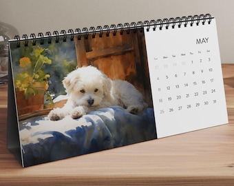 Bichon Frisé Watercolor Desk Calendar - 2025 Calendar featuring 12 watercolor Bichon Frisé artworks - Gift for Bichon owner - printed in USA