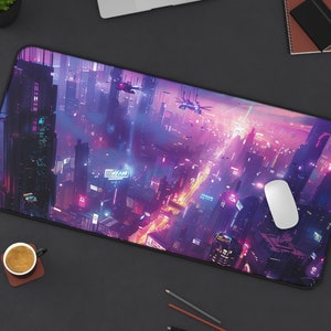 Cyber City Desk Mat - neon-lit cyberpunk-inspired desk mat. Featuring towering skyscrapers, glowing billboards, and futuristic flying drones