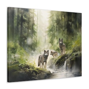 Pacific Northwest Wolves Watercolor Canvas - Mystical Rainforest Wall Art, Frameless Nature-Inspired Painting for Wildlife Enthusiasts