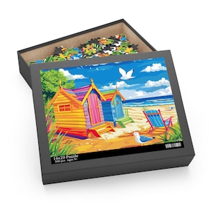 Colorful Beach Huts Jigsaw Puzzle (120, 252, 500-Piece) - Vibrant Coastal Scene for Relaxing Fun - Printed in USA