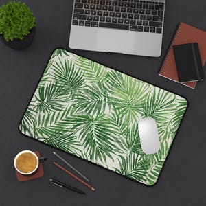 Green Botanical Desk Mat - Palm Leaf Mouse Pad, Non Slip Neoprene Computer Mat, Nature Inspired Workspace Decor