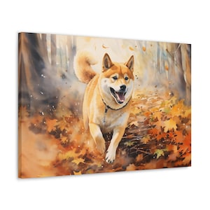 Shiba Inu Watercolor Canvas Print - Wall Art gift for Shiba Inu owner - Shiba Inu bounding through a forest of autumn leaves