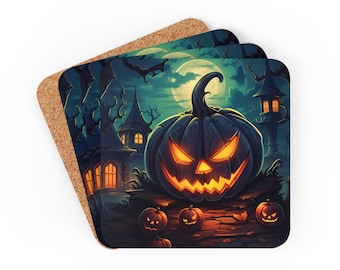 May include: Set of three square coasters with a Halloween-themed design. The artwork features a glowing jack-o'-lantern, spooky buildings, and a full moon. The coasters have a cork backing.