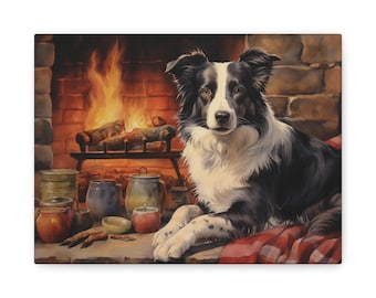 Bordercollie aquarel gedrukt canvas - frameloze muurkunst cadeau voor eigenaar border collie - border collie ontspannen bij een open haard