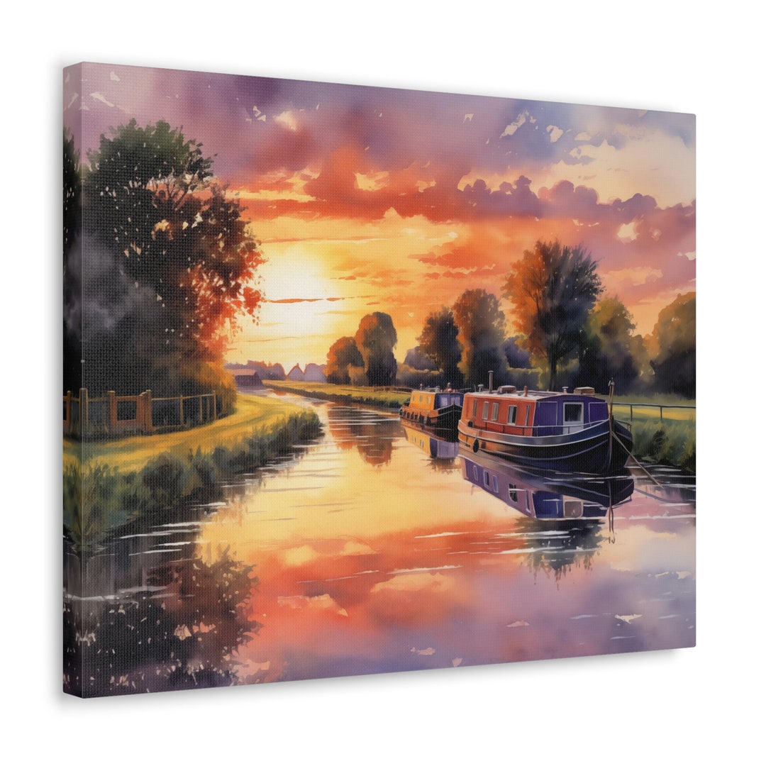 Narrowboat Sunset Watercolor Printed on Unframed Canvas Gift for
