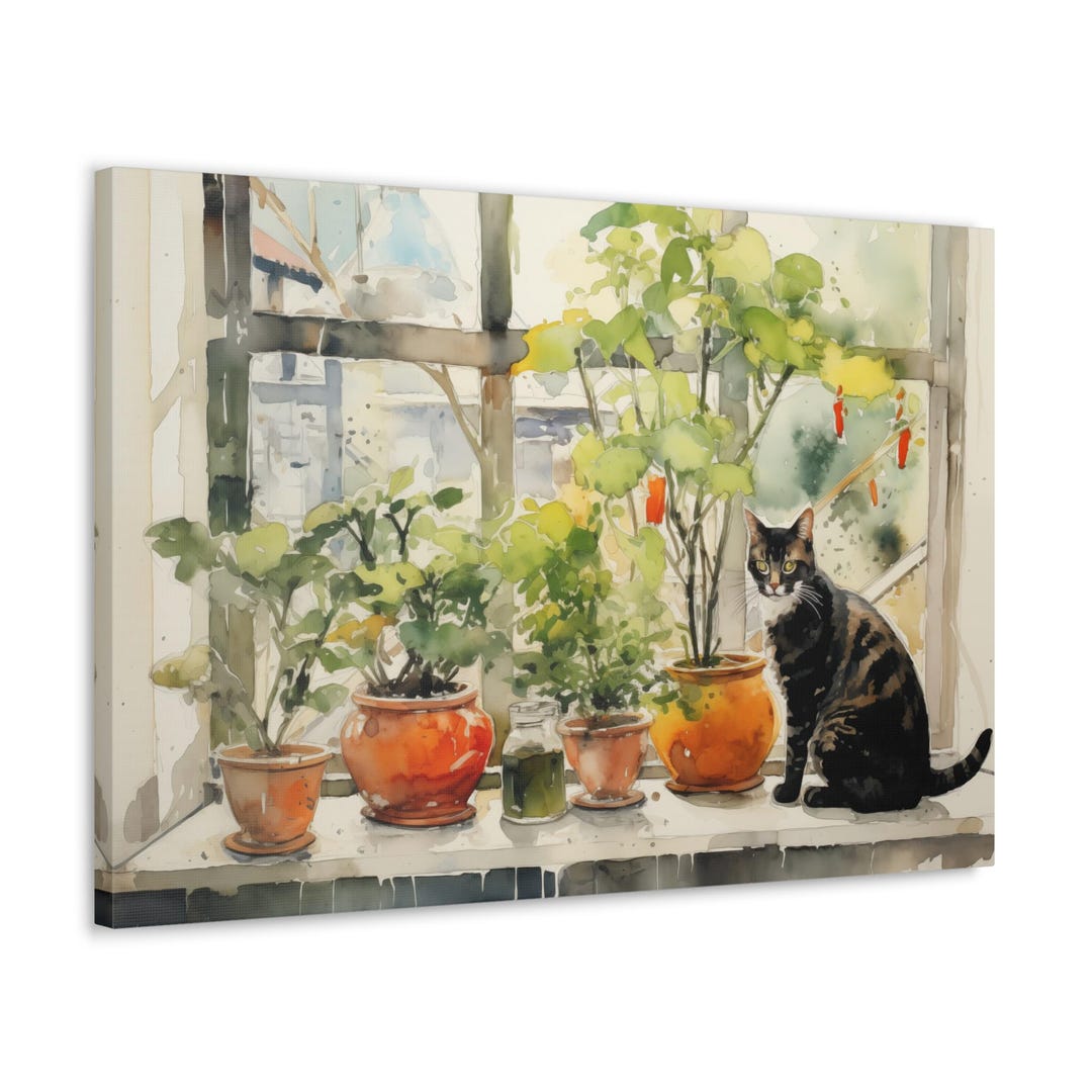 Indoor Black Cat Watercolor Canvas Print - Wall Art Gift for Cat Lover ...