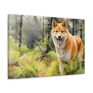 Shiba Inu in the Cairngorms Watercolor Canvas Print - Frameless Wall Art gift for Vizlsa owner