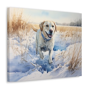Labrador Watercolor Printed Canvas - Frameless Wall Art gift for Labrador owner, Labrador enjoying a frosty walk in December