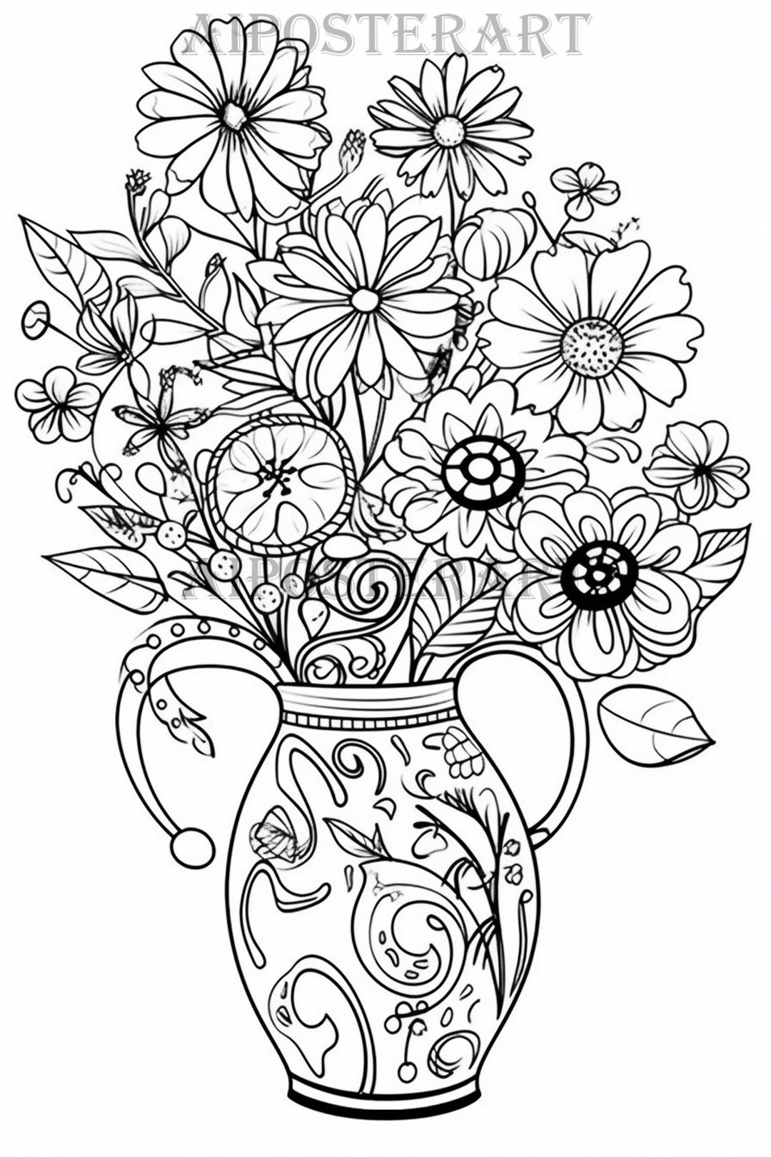 Flowers in a Vase Coloring Page for Adults and Kids Printable Coloring