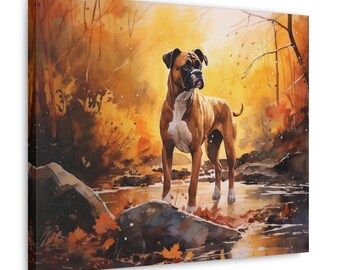 Arte de pared de boxeador: acuarela impresa en lienzo sin marco de 20 x 16 pulgadas: regalo para el dueño de un boxeador: boxeador disfrutando de un paseo entre las hojas de otoño