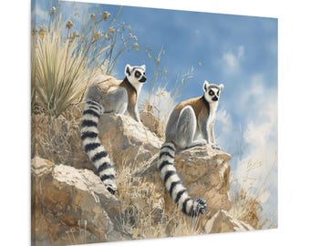 Stampa su tela di lemure dalla coda ad anelli - Arte murale in stile acquerello raffigurante animali selvatici, per amanti di animali e primati - lemuri dalla coda ad anelli che si crogiolano sulle rocce