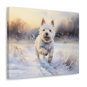Westie Watercolor Printed on Canvas - unframed Wall Art gift for Westie owner, West Highland White Terrier, Frosty walk