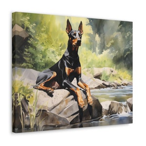 Doberman Pinscher Wall Art - Watercolor Printed on unframed Canvas - gift for Doberman owner - Doberman sitting beside a stream