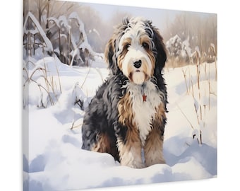 Bernedoodle in Snow Canvas Print - Winter Pet Portrait Wall Art