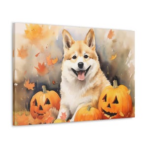 Akita Watercolor Canvas Print - Wall Art gift for Akita owner - Happy Akita sitting amidst jack-o-lanterns, surrounded by autumn leaves