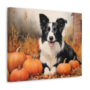 Border Collie Wasserfarben Druck auf Leinwand - Rahmenloses Geschenk für Border Collie Besitzer - Border Collie mit Kürbisse