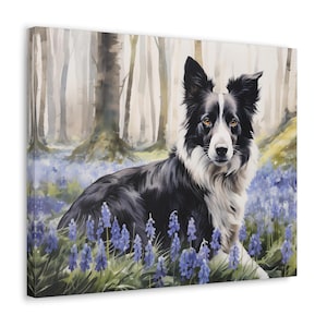 Border Collie Aquarell gedruckte Leinwand - Rahmenloses Wandbild Geschenk für Border Collie Besitzer - Border Collie im Bluebell Wald