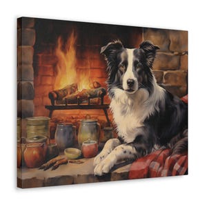 Border Collie Wasserfarben bedruckte Leinwand - Rahmenloses Wandkunst Geschenk für Border Collie Besitzer - Border Collie entspannt sich am Kamin
