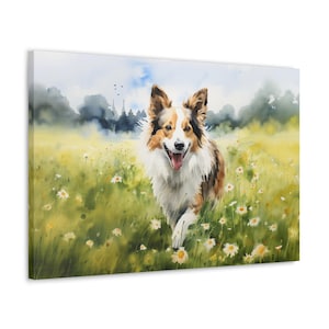 Shetland Sheepdog Watercolor Canvas Print - Wall Art gift for Shetland Sheepdog owner - Shetland Sheepdog in a wildflower meadow