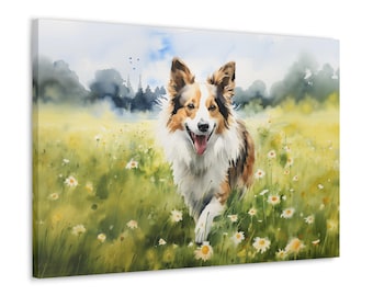 Shetland Sheepdog Watercolor Canvas Print - Wall Art gift for Shetland Sheepdog owner - Shetland Sheepdog in a wildflower meadow