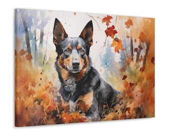 Australian Cattle Dog Watercolor Canvas Print - Wall Art gift for Aussie Dog owner - Aussie Dog surrounded by autumn leaves