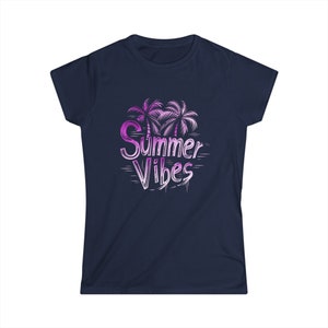 Woman&#39;s Summer Vibes T-Shirt - Woman&#39;s Surfing Tshirt with slogan &quot;Summer Vibes&quot; - Surfboard and Palms Graphic Tee for Woman (Pink graphic)