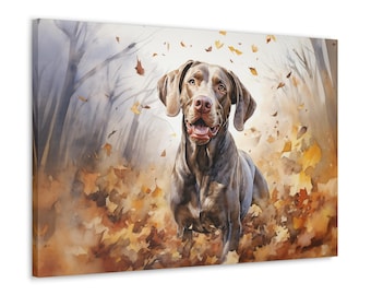 Weimaraner Watercolor Canvas Print - Wall Art gift for Weimaraner owner - Weimaraner playfully running through a blanket of autumn leaves