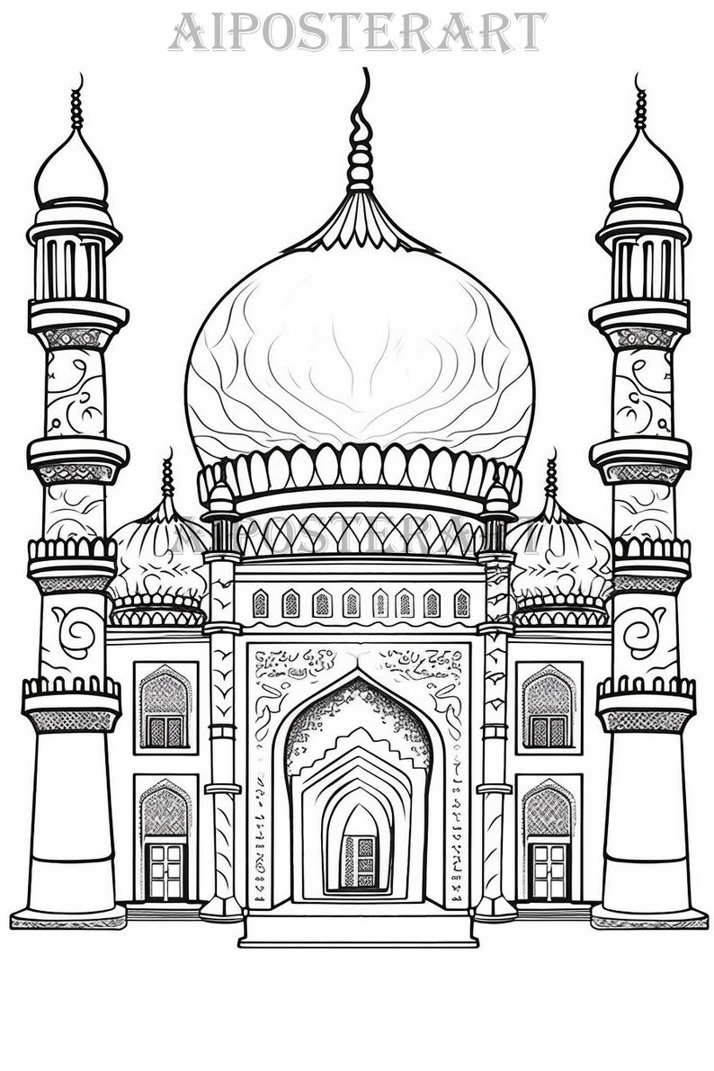 Page de coloriage de mosquée pour enfants et adultes Feuille de coloriage imprimable Coloriage de niveau intermédiaire Bâtiments et architecture Haute résolution, 5376x8064 image 1