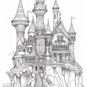 Turreted Island Castle Coloring Sheet for Adults & Kids - High Res Printable, 1792x2688 pixels jpeg file