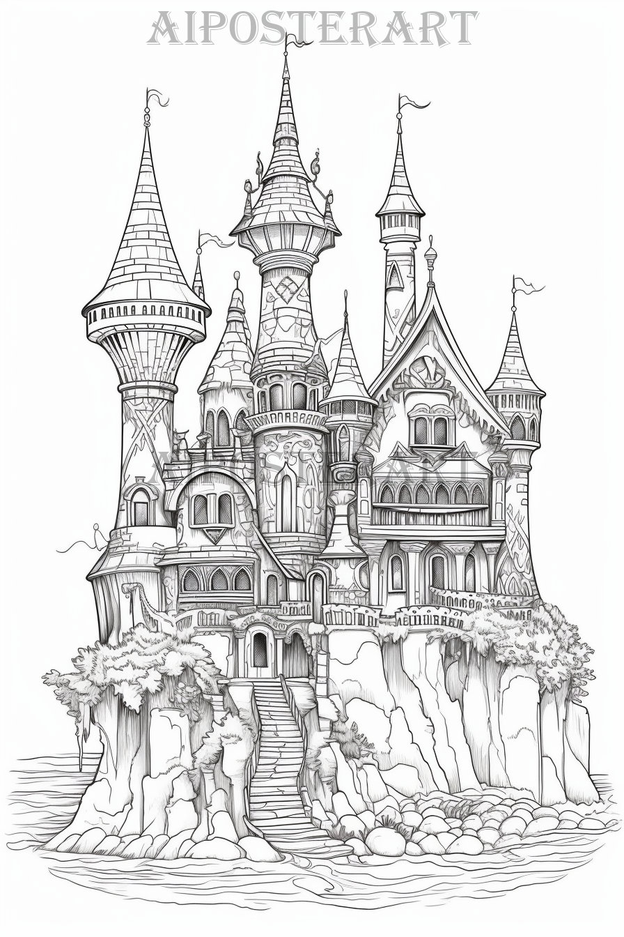 Turreted Island Castle Coloring Sheet for Adults &amp; Kids - High Res ...