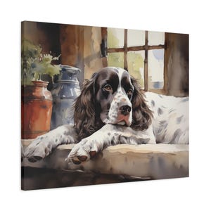 English Springer Spaniel Watercolor Canvas Print - Wall Art gift for Springer Spaniel owner - Springer Spaniel lounging on a sunlit ledge