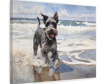 Miniature Schnauzer Wall Art - Watercolor Printed on unframed Canvas - gift for Miniature Schnauzer owner - Miniature Schnauzer in the surf