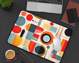 Mid Century Geometric Desk Mat - Abstract Lines Mouse Pad, Non Slip Neoprene Computer Mat, Retro Modern Workspace Decor