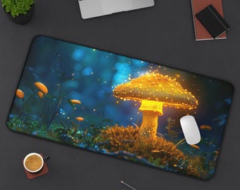 Enchanting Yellow Mushroom Extra Large Desk Mat - Crafted from 3mm neoprene with a non-lip backing, 3 sizes 12×18, 12×22 & 15.5x31 inches